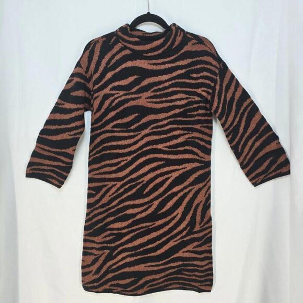 Ann Taylor Petite‎ Sweater Dress Woman SP Zebra Print Mock Neck Brown Black NWT